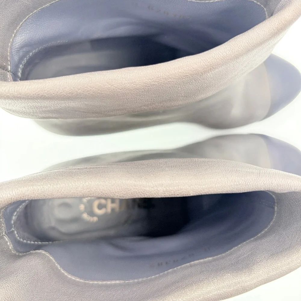Chanel‎ CC Cap Toe 39 Ankle Booties Gray Leather Silver Stiletto Heels Authentic